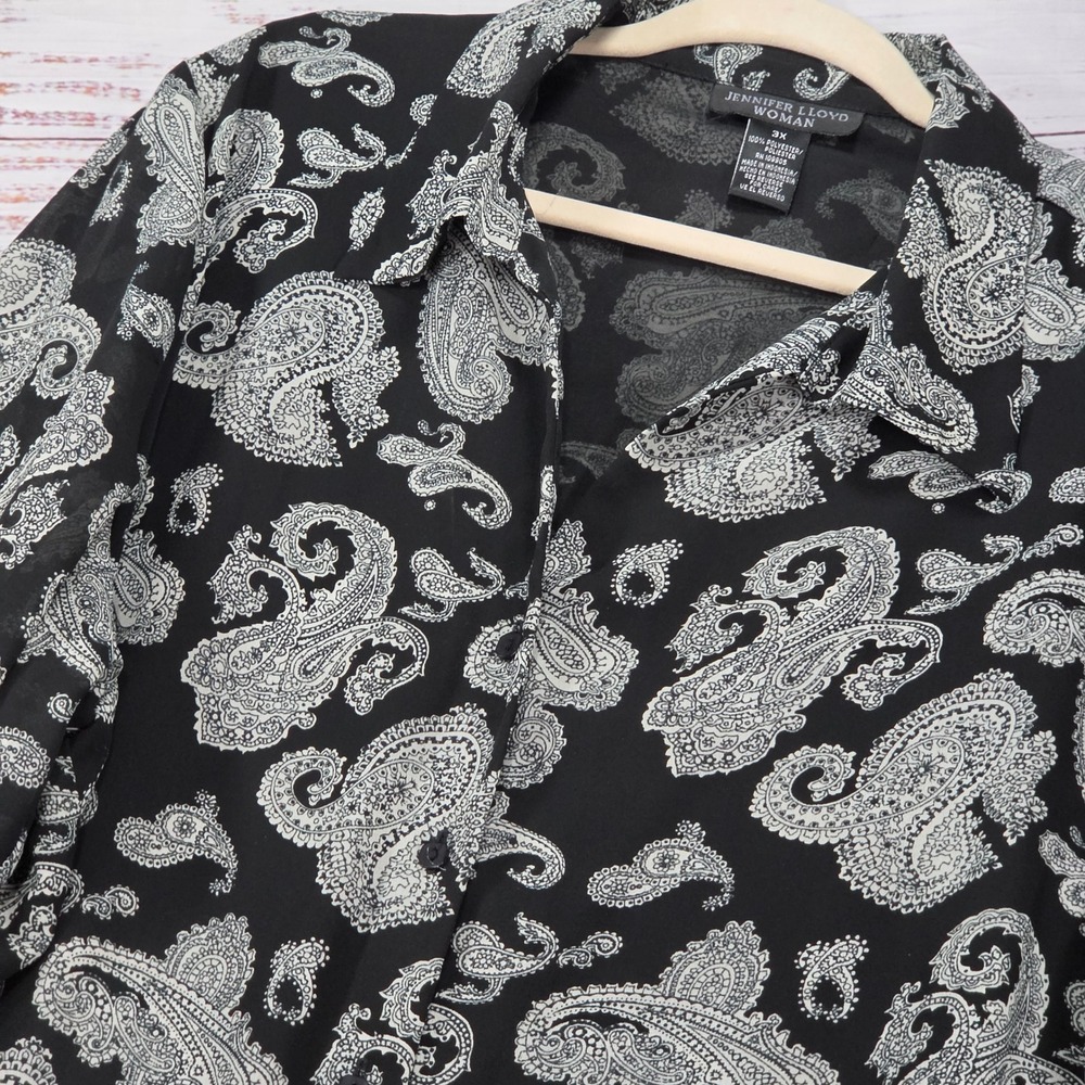 Jennifer Lloyd Blouse Women 3X Black Paisley Excellent Lined Button Down Top